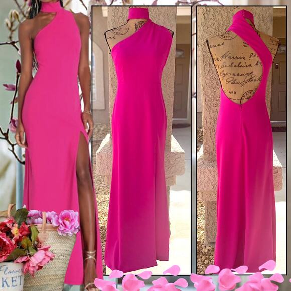 Lulus Hot Pink Asymmetrical Cutout Halter Keep It Interesting Maxi Dress Size M - Picture 1 of 12